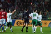 12 September 2007; Stephen Hunt, right, Republic of Ireland, is sent off by referee Kyros Vassaras. 2008 European Championship Qualifier, Czech Republic v Republic of Ireland, Sparta Prague Stadium, Prague, Czech Republic. Picture credit: David Maher / SPORTSFILE