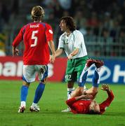 12 September 2007; Stephen Hunt, Republic of Ireland, pleads to the referee after his tackle on Jan Polak, right, Czech Republic, for which he was sent off by referee Kyros Vassaras. 2008 European Championship Qualifier, Czech Republic v Republic of Ireland, Sparta Prague Stadium, Prague, Czech Republic. Picture credit: David Maher / SPORTSFILE