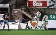 14 September 2007; Derek O'Brien, Galway United, attempts a bicycle kick despite the pressure of Robbie Clarke, 3, and Barry Ferguson, 5, Shamrock Rovers. eircom League of Ireland Premier Division, Shamrock Rovers v Galway United, Tolka Park, Dublin. Picture credit; Stephen McCarthy / SPORTSFILE
