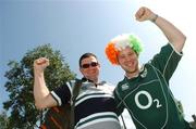 15 September 2007; Ireland fans Anthony Fagan, left, and Owen Moran, from Coole, Co. Westmeath, enjoying the atmosphere before the game. 2007 Rugby World Cup, Pool D, Ireland v Georgia, Bordeaux, France. Picture credit; Brendan Moran / SPORTSFILE