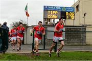 11 January 2015; Cork players including, from right to left, Donncha O'Connor, John O'Rourke, Daniel Hazel and Eoin Cadogan make their way out for the start of the second half. McGrath Cup Quarter-Final, Tipperary v Cork, Clonmel Sportsfield, Clonmel, Co. Tipperary. Picture credit: Diarmuid Greene / SPORTSFILE