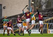 11 January 2015; Westmeath players, from left, Liam Varley, Killian Murphy, Niall Mitchell and Brendan Murtagh contest a dropping ball against Offaly's Shane Kinsella, left, Tom Carroll and Colin Egan, right. Bord na Mona Walsh Cup, Group 4, Round 1, Westmeath v Offaly, Cusack Park, Mullingar, Co. Westmeath. Picture credit: Pat Murphy / SPORTSFILE