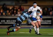 10 January 2015; Fergus McFadden, Leinster, is tackled by Lucas Amorosino, Cardiff Blues. Guinness PRO12, Round 13, Cardiff Blues v Leinster. BT Sport Cardiff Arms Park, Cardiff, Wales. Picture credit: Stephen McCarthy / SPORTSFILE