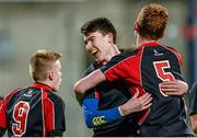 12 January 2015; Wesley College's Karl O'Connor, centre, and Joseph O'Connor celebrate after the game. Bank of Ireland Leinster Schools Fr. Godfrey Cup, 1st Round, Wesley College v Newpark Comprehensive. Donnybrook Stadium, Donnybrook, Dublin. Picture credit: Piaras Ó Mídheach / SPORTSFILE
