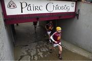 11 January 2015; Westmeath's Anthony Price and Tommy Gallagher, left, make their way on to the pitch before the game. Bord na Mona Walsh Cup, Group 4, Round 1, Westmeath v Offaly, Cusack Park, Mullingar, Co. Westmeath. Picture credit: Pat Murphy / SPORTSFILE
