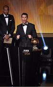 12 January 2015; Cristiano Ronaldo, Real Madrid and Portugal, celebrates after he was presented with the FIFA Ballon d'Or by former French international footballer theirry Henry. FIFA Ballon D'Or 2014. Kongresshaus, Zurich, Switzerland. Picture credit: David Maher / SPORTSFILE