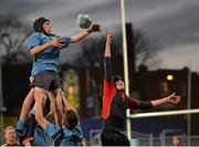 12 January 2015; David Murphy, Newpark Comprehensive, wins possession in the lineout against Matthew Lynch, Wesley College. Wesley College v Newpark Comprehensive, Bank of Ireland Leinster Schools Fr. Godfrey Cup, 1st Round. Donnybrook Stadium, Donnybrook, Dublin. Picture credit: Piaras Ó Mídheach / SPORTSFILE