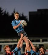 12 January 2015; Luke Adams, Newpark Comprehensive, wins possession in the lineout. Wesley College v Newpark Comprehensive, Bank of Ireland Leinster Schools Fr. Godfrey Cup, 1st Round. Donnybrook Stadium, Donnybrook, Dublin. Picture credit: Piaras Ó Mídheach / SPORTSFILE
