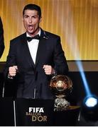 12 January 2015; Cristiano Ronaldo, Real Madrid and Portugal, celebrates after winning the FIFA Ballon d'Or. FIFA Ballon D'Or 2014. Kongresshaus, Zurich, Switzerland. Picture credit: David Maher / SPORTSFILE