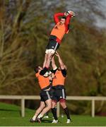 13 January 2015; Munster's CJ Stander, lifted by team-mates James Cronin, left, and BJ Botha, wins possession from a lineout during squad training ahead of their European Rugby Champions Cup 2014/15, Pool 1, Round 5, match against Saracens on Saturday. Munster Rugby Squad Training, University of Limerick, Limerick. Picture credit: Diarmuid Greene / SPORTSFILE
