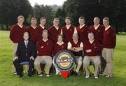 12 September 2007; The team and officials of Doneraile Golf Club, Cork, back row, left to right, Damien Carey, Michael Quirke, Tim O’Mahony, Adam Carey, Dave Finn, Dermot Harrington, Tom Cole and Hugh Nolan, front row, left to right, Alan Andrews, Bulmers, Conor Hannon, Eileen Coleman, Lady Captain, Peter Hogan, President and Tom Meade before the Bulmers Barton Shield Semi-Finals. Bulmers Cups and Shields Finals 2007, Shandon Park Golf Club, Belfast, Co. Antrim. Picture credit: Ray McManus / SPORTSFILE
