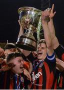 1 November 2017; Bohemians captain Paddy Kirk lifts the Dr Tony O'Neill perpetual trophy after the SSE Airtricity National Under 19 League Final match between Bohemians and St Patrick's Athletic at Dalymount Park in Dublin. Photo by Piaras Ó Mídheach/Sportsfile