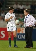 15 September 2007; Ireland out-half Ronan O'Gara in conversation with head coach Eddie O'Sullivan before the game. 2007 Rugby World Cup, Pool D, Ireland v Georgia, Stade Chaban Delmas, Bordeaux, France. Picture credit; Brendan Moran / SPORTSFILE