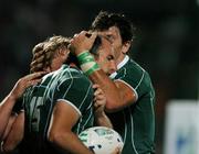15 September 2007; Ireland's Girvan Dempsey is congratulated by team-mates Jerry Flannery and Shane Horgan after scoring his side's second try. 2007 Rugby World Cup, Pool D, Ireland v Georgia, Stade Chaban Delmas, Bordeaux, France. Picture credit; Brendan Moran / SPORTSFILE