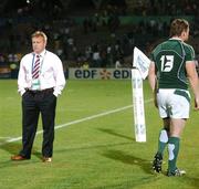 15 September 2007; Ireland head coach Eddie O'Sullivan, left, after the game as team captain Brian O'Driscoll leaves the pitch. 2007 Rugby World Cup, Pool D, Ireland v Georgia, Stade Chaban Delmas, Bordeaux, France. Picture credit; Brendan Moran / SPORTSFILE