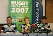 16 September 2007; Ireland head coach Eddie O'Sullivan, in the company of kicking coach Mark Tainton, left, and assistant coach Niall O'Donovan, right, speaking at a press conference. Ireland Rugby Press Conference, 2007 Rugby World Cup, Sofitel Bordeaux Aquitania, Bordeaux, France. Picture credit: Brendan Moran / SPORTSFILE