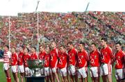 16 September 2007; Cork players stand in front of the Sam Maguire before the start of the game. Bank of Ireland All-Ireland Senior Football Championship Final, Kerry v Cork, Croke Park, Dublin. Picture credit; David Maher / SPORTSFILE