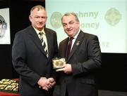 16 September 2007; Johnny Mooney, a member of the All-Ireland winning Offaly team of 1982, is presented with a medal to mark the 25th anniversary of the victory over Kerry by GAA President Nickey Brennan. GAA Jubilee Awards, Offaly 1982, Croke Park, Dublin. Picture credit: Ray McManus / SPORTSFILE