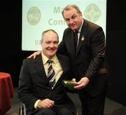 16 September 2007; Matt Connor, a member of the All-Ireland winning Offaly team of 1982, is presented with a medal to mark the 25th anniversary of the victory over Kerry by GAA President Nickey Brennan. GAA Jubilee Awards, Offaly 1982, Croke Park, Dublin. Picture credit: Ray McManus / SPORTSFILE