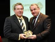16 September 2007; Seamus Darby, a member of the All-Ireland winning Offaly team of 1982, is presented with a medal to mark the 25th anniversary of the victory over Kerry by GAA President Nickey Brennan. GAA Jubilee Awards, Offaly 1982, Croke Park, Dublin. Picture credit: Ray McManus / SPORTSFILE