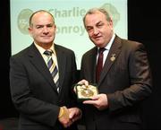 16 September 2007; Charlie Conroy, a member of the All-Ireland winning Offaly team of 1982, is presented with a medal to mark the 25th anniversary of the victory over Kerry by GAA President Nickey Brennan. GAA Jubilee Awards, Offaly 1982, Croke Park, Dublin. Picture credit: Ray McManus / SPORTSFILE