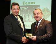 16 September 2007; John Guinan, a member of the All-Ireland winning Offaly team of 1982, is presented with a medal to mark the 25th anniversary of the victory over Kerry by GAA President Nickey Brennan. GAA Jubilee Awards, Offaly 1982, Croke Park, Dublin. Picture credit: Ray McManus / SPORTSFILE