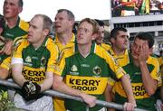 16 September 2007; Kerry players, from left, Kieran Donaghy, Mossie Lyons, Diarmuid Murphy, Colm Cooper, Tom O'Sullivan, partially hidden, Kieran Cremin and Eoin Brosnan, watch on as captain Declan O'Sullivan is presented with the Sam Maguire Cup. Bank of Ireland All-Ireland Senior Football Championship Final, Kerry v Cork, Croke Park, Dublin. Picture credit; Ray McManus / SPORTSFILE