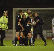17 September 2007; Bohemians manager Sean O'Connor confronts referee Alan Kelly as they leave the field for half-time. eircom League of Ireland Premier Division, Bohemians v Shamrock Rovers, Dalymount Park, Dublin. Picture credit; Stephen McCarthy / SPORTSFILE