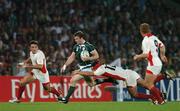 15 September 2007; Gordon D'Arcy, Ireland, is tackled by Irakli Giorgadze, Georgia. 2007 Rugby World Cup, Pool D, Ireland v Georgia, Stade Chaban Delmas, Bordeaux, France. Picture credit; Brendan Moran / SPORTSFILE