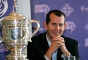 18 September 2007; Edwin Poots, MLA, Sports Minister of Northern Ireland assembly, with the Gibson cup at the IFA official launch of the 2007/2008 Carnegie Premier League season. Malone House, Barnett Demesne, Belfast. Picture credit: Oliver McVeigh / SPORTSFILE
