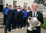18 September 2007; Alfie Wylie, Assistant manager of current champions Linfield FC, holds the Gibson cup, along with, left to right,  Phillip McBurney, Armagh City, Gerry Flynn, Newry City manager, Gavin Melaugh, Ballymena United, Curtis Allen, Lisburn Distillery, Stuart King, Ballymena United, Mark Magennis, Dungannon Swifts, Conor Downey, Linfield, and Barry Johnston, Cliftonville, at the IFA official launch of the 2007/2008 Carnegie Premier League season. Malone House, Barnett Demesne, Belfast. Picture credit: Oliver McVeigh / SPORTSFILE