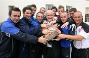 18 September 2007; Linfield assistant manager Alfie Wylie, centre, holds the Gibson cup, along with players and managers, from left to right, Phillip McBurney, Armagh City, Gerry Flynn, Newry City manager, Gavin Melaugh, Ballymena United, Curtis Allen, Lisburn Distillery, Stuart King, Ballymena United, Mark Magennis, Dungannon Swifts, Conor Downey, Linfield, and Barry Johnston, Cliftonville, at the IFA official launch of the 2007/2008 Carnegie Premier League season. Malone House, Barnett Demesne, Belfast. Picture credit: Oliver McVeigh / SPORTSFILE