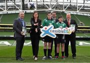 14 January 2015; The CARA National Adapted Physical Activity Centre in conjuction with the Department of Justice and Equality today launched the 'Xcessible Inclusive Youth Sport Initiative Special Schools Tag Rugby Programme' in conjunction with the IRFU. Pictured at the launch are, from left, Michael Gilroy, CARA, Joanne Cantwell, RTE Presenter and Xcessible Youth Sport Patron, Craig Smith, Colaiste Eoin, Aodhán Ó Ríordáin TD, Minister of State at the Department of Justice and Equality and Arts, Heritage and the Gaeltacht with special responsibility for Equality, New Communities and Culture, Kian Plunkett, Colaiste Eoin, and Scott Walker, Domestic Rugby Manager IRFU. Aviva Stadium, Lansdowne Road, Dublin. Picture credit: Pat Murphy / SPORTSFILE