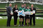 14 January 2015; The CARA National Adapted Physical Activity Centre in conjuction with the Department of Justice and Equality today launched the 'Xcessible Inclusive Youth Sport Initiative Special Schools Tag Rugby Programme' in conjunction with the IRFU. Pictured at the launch are, from left, Michael Gilroy, CARA, Joanne Cantwell, RTE Presenter and Xcessible Youth Sport Patron, Craig Smith, Colaiste Eoin, Aodhán Ó Ríordáin TD, Minister of State at the Department of Justice and Equality and Arts, Heritage and the Gaeltacht with special responsibility for Equality, New Communities and Culture, Kian Plunkett, Colaiste Eoin, and Scott Walker, Domestic Rugby Manager IRFU. Aviva Stadium, Lansdowne Road, Dublin. Picture credit: Pat Murphy / SPORTSFILE