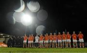 14 January 2015; The Armagh squad stands for the National Anthem. Bank of Ireland Dr McKenna Cup, Group B, Round 3, Armagh v St Mary's University College. Athletic Grounds, Armagh. Picture credit: Oliver McVeigh / SPORTSFILE
