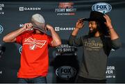 16 January 2015; Donald 'Cowboy' Cerrone, left, swaps hats with Benson Henderson ahead of their fight in TD Garden, Boston, on Sunday. UFC Fight Night Ultimate Media Day, Ned Devine’s Irish Pub, Boston, Massachusetts, USA. Picture credit: Ramsey Cardy / SPORTSFILE