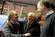 16 January 2015; Hugh Russell, left, bronze medalist in the 1980 Olympics, shares a laugh with Tommy Murphy, center, president of the Irish Amateur Boxing Association, and Robert Connolly, commercial manager for the I.A.B.A. before the National Elite Boxing Championships, Semi-Finals, National Stadium, Dublin. Picture credit: Cody Glenn / SPORTSFILE