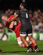 17 January 2015; Paul O'Connell, Munster, feels the force of a tackle by Billy Vunipola, Saracens. European Rugby Champions Cup 2014/15, Pool 1, Round 5, Saracens v Munster. Allianz Park, London, England. Picture credit: Brendan Moran / SPORTSFILE