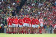 16 September 2007; The Cork team stand for the National Anthem. Bank of Ireland All-Ireland Senior Football Championship Final, Kerry v Cork, Croke Park, Dublin. Picture credit; Brian Lawless / SPORTSFILE