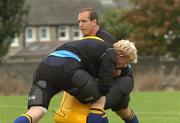 18 September 2007; Leinster's Keith Gleeson is tackled by Leo Cullen during a training session. Leinster Squad Training, University College Dublin, Dublin. Picture credit; Pat Murphy / SPORTSFILE