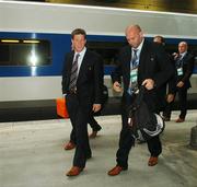 19 September 2007; Ireland players Ronan O'Gara, left, and John Hayes on the squad's arrival by TGV at Gare Montparnasse ahead of their Pool D match with France on Friday night next. 2007 Rugby World Cup, Paris, France. Picture credit: Brendan Moran / SPORTSFILE