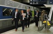 19 September 2007; Ireland players, from left, Simon Easterby, Jerry Flannery, Paul O'Connell and Malcolm O'Kelly on the squad's arrival by TGV at Gare Montparnasse ahead of their Pool D match with France on Friday night next. 2007 Rugby World Cup, Paris, France. Picture credit: Brendan Moran / SPORTSFILE