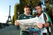 20 September 2007; Ireland rugby fans Keith McArdle, left, and Gerard Savage, both from Dundalk, Co. Louth, reading a copy of Thursday's L'Equipe newspaper in Paris ahead of their side's Rugby World Cup Pool D game with France. Paris, France. Picture credit: Brendan Moran / SPORTSFILE