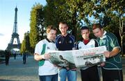 20 September 2007; Ireland rugby fans, from left, Shane Small, Mayobridge, Co. Down, Gerard O'Hagan, Omeath, Co. Louth, Gerard Savage and Keith McArdle, both Dundalk, Co. Louth, reading a copy of Thursday's L'Equipe newspaper in Paris ahead of their side's Rugby World Cup Pool D game with France. Paris, France. Picture credit: Brendan Moran / SPORTSFILE
