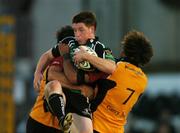21 September 2007; Aidan Wynne, Connacht, is tackled by Richard Parks, 7, and Rhodri Gomer Davies, Dragons. Magners League, Connacht v Dragons. Sportsground, Galway. Picture credit; David Maher / SPORTSFILE