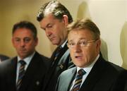22 September 2007; Ireland head coach Eddie O'Sullivan, in the company of kicking coach Mark Tainton, left, and assistant coach Niall O'Donovan, centre, speaking at a press conference. Ireland Rugby Press Conference, 2007 Rugby World Cup, Sofitel Porte Des Serves, Paris, France. Picture credit: Brendan Moran / SPORTSFILE
