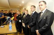 22 September 2007; The Ireland coach staff, from right, Brian McLoughlin, skills coach, Graham Seadman, defence coach, Eddie O'Sullivan, head coach, Niall O'Donovan, assistant coach and Mark Tainton, kicking coach face the media at a morning press conference. Ireland Rugby Press Conference, 2007 Rugby World Cup, Sofitel Porte Des Serves, Paris, France. Picture credit: Brendan Moran / SPORTSFILE