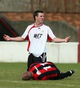 22 September 2007; Portadown's Kevin Braniff protests his innocence after a challenge on Crusaders' Stephen Coulter. Carnegie Premier League, Crusaders v Portadown. Seaview, Belfast, Co. Antrim. Picture credit; Peter Morrison / SPORTSFILE