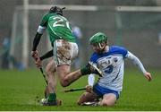17 January 2015; Gavin O'Brien, Waterford, breaks his hurley in a clash with Donal O'Grady, Limerick. Waterford Crystal Cup Quarter-Final, Limerick v Waterford. John Fitzgerald Park, Kilmallock, Co. Limerick. Picture credit: Diarmuid Greene / SPORTSFILE