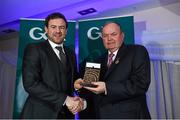 17 January 2015; Uachtarán Chumann Lúthchleas Gael Liam Ó Néill presents Declan Bogue, Belfast Telegraph, with the National Media Award for Article on Anto Finnegan. GAA MacNamee Awards 2014, Croke Park, Dublin. Picture credit: Barry Cregg / SPORTSFILE